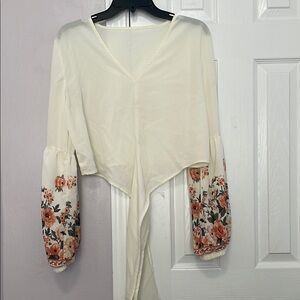 SHEIN Cream Floral Sleeve Wrap Blouse